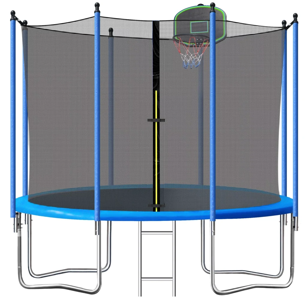 A trampoline with a net and a basketball hoop available during October 12th Deals.