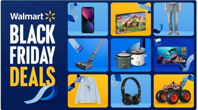 Discover Walmart's unbeatable Black Friday sales on electronics, toys, clothing, and home appliances—all set against a vibrant blue background.
