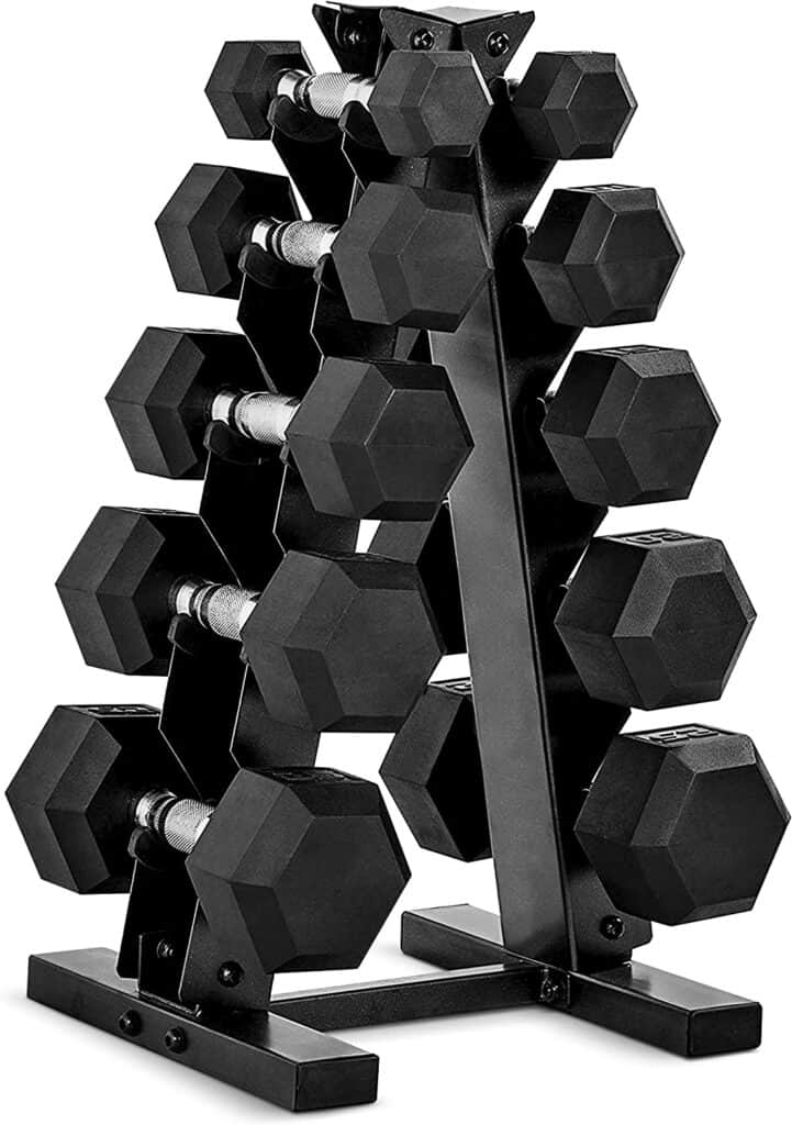 A set of black dumbbells on a stand, available for November 24th deals.