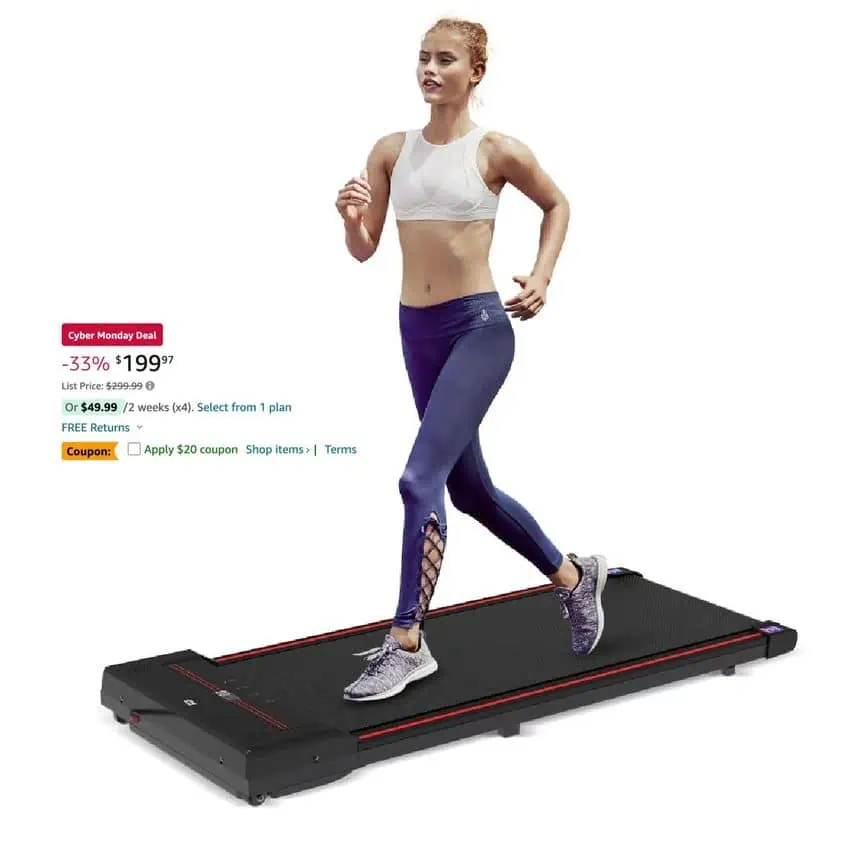 In preparation for the November deals, a woman is running on a treadmill.