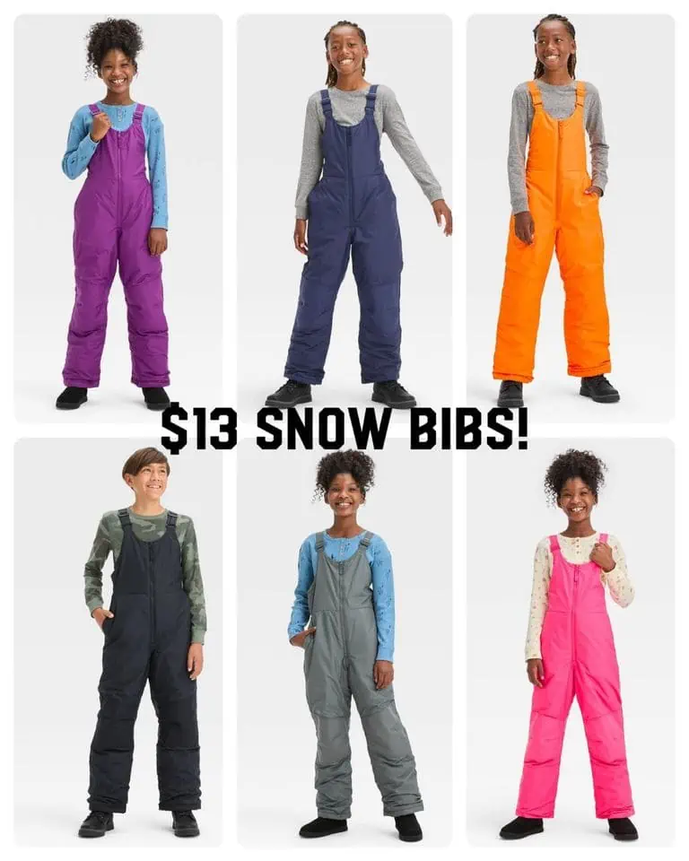 Save big on November 25th with $13 snow bibs for a group of children.