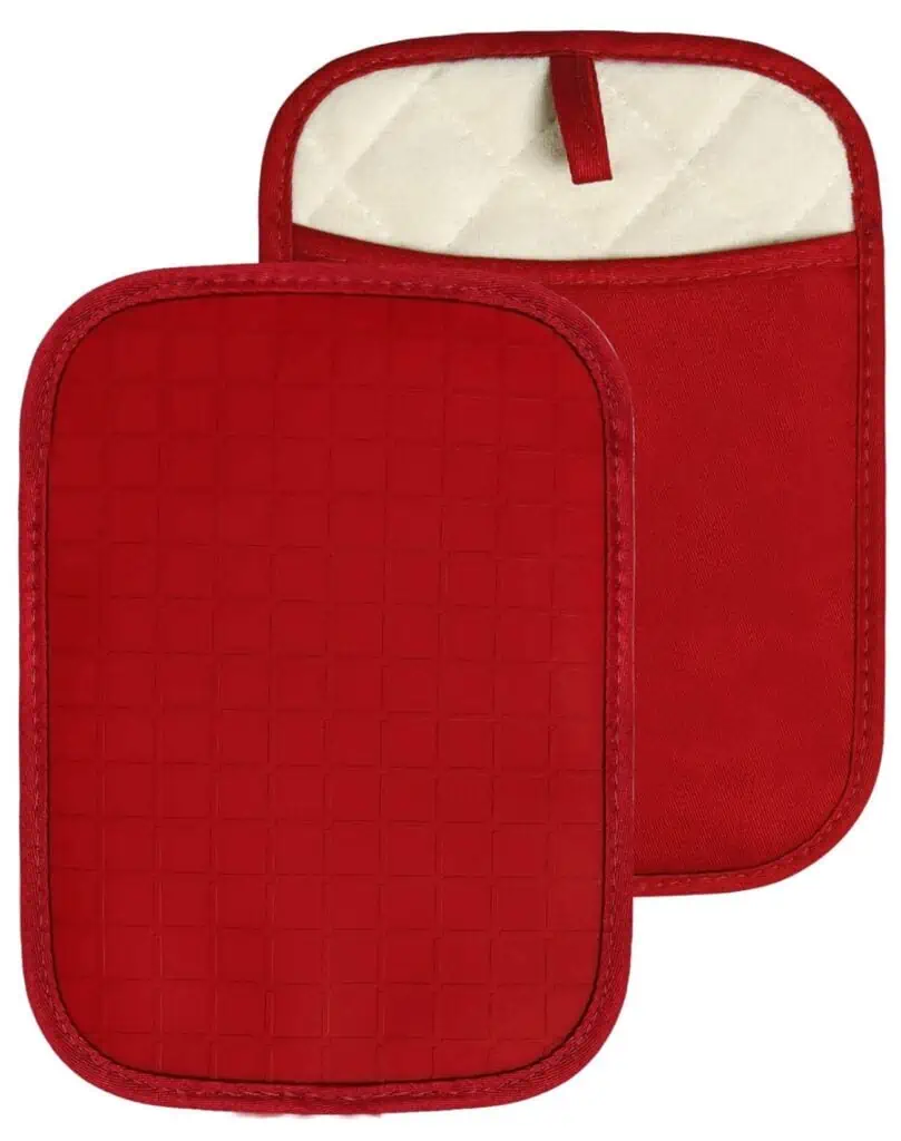 Two red oven mitts on a white background, available at amazing deals for November 24th.