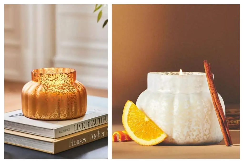 Two pictures of candles adorned with orange slices and cinnamon sticks, perfect for November 25th deals.