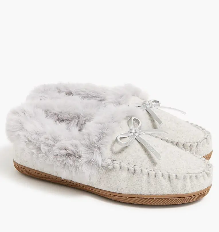 A pair of grey slippers with fur on the bottom, perfect for cozy nights in on November 25th.