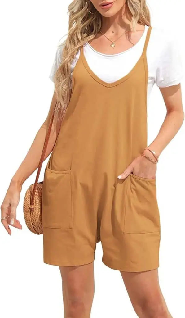 On November 24th, enjoy exclusive deals on a woman wearing a tan romper and white t-shirt.