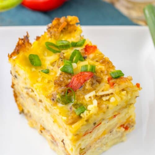 A slice of Slowcooker breakfast casserole on a white plate.