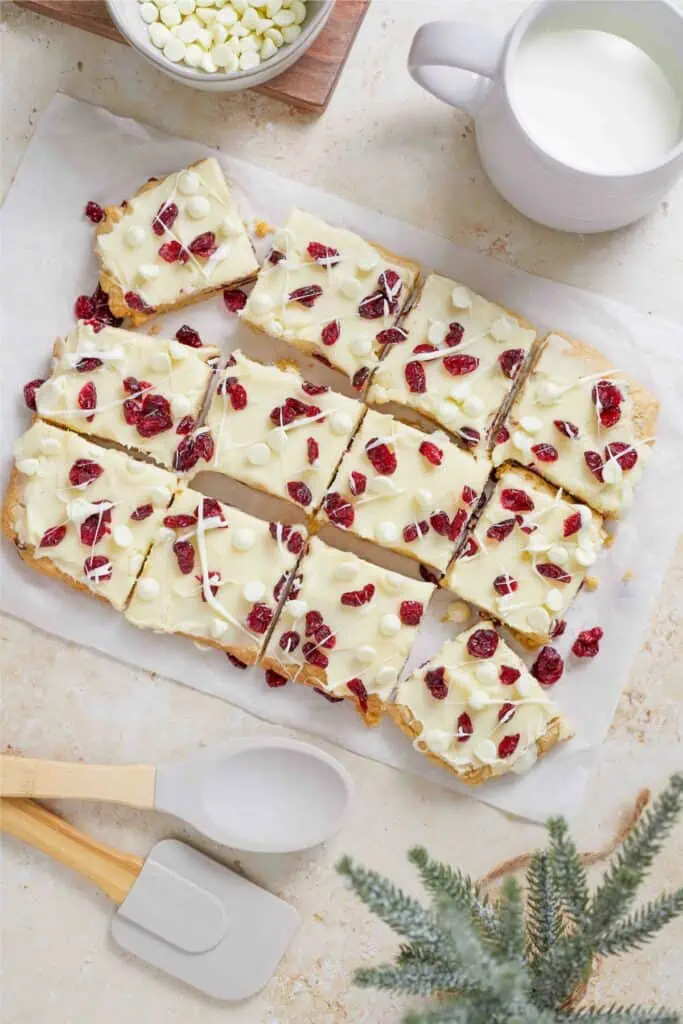 Cranberry Bliss Bar recipe on a baking sheet.