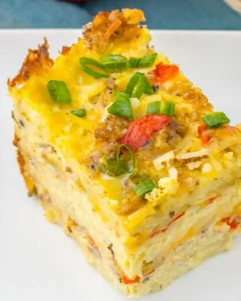 A delicious Slowcooker breakfast casserole served on a white plate.