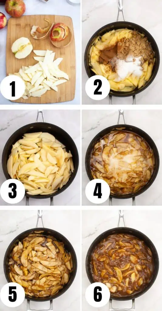 A series of photos showing how to make apple slices in a skillet for Apple Pie Filling.