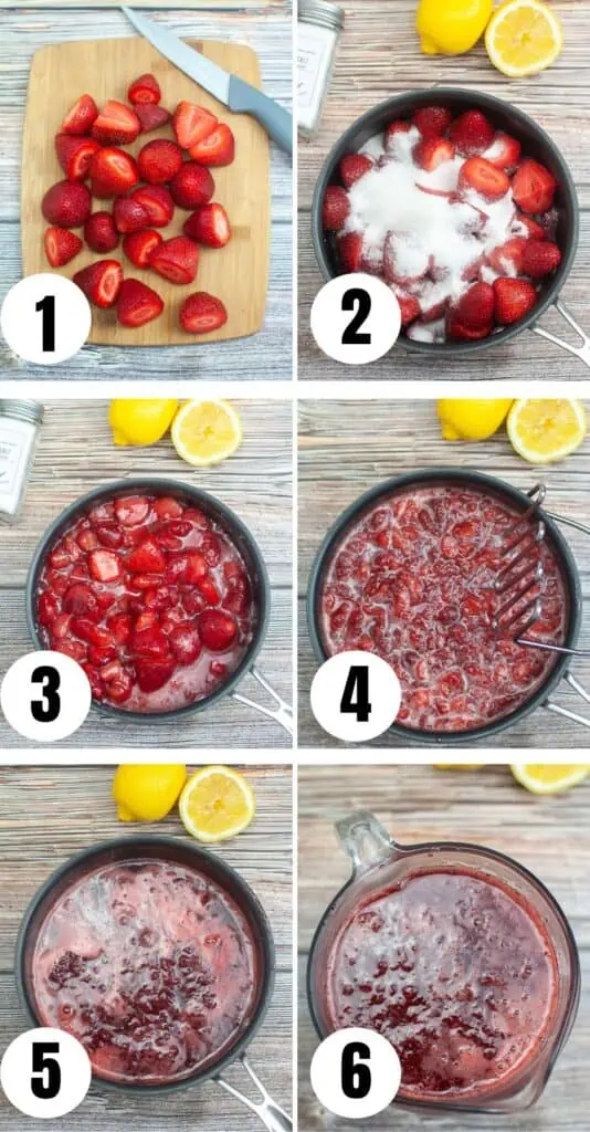 A series of photos demonstrating the process of making homemade strawberry lemonade.