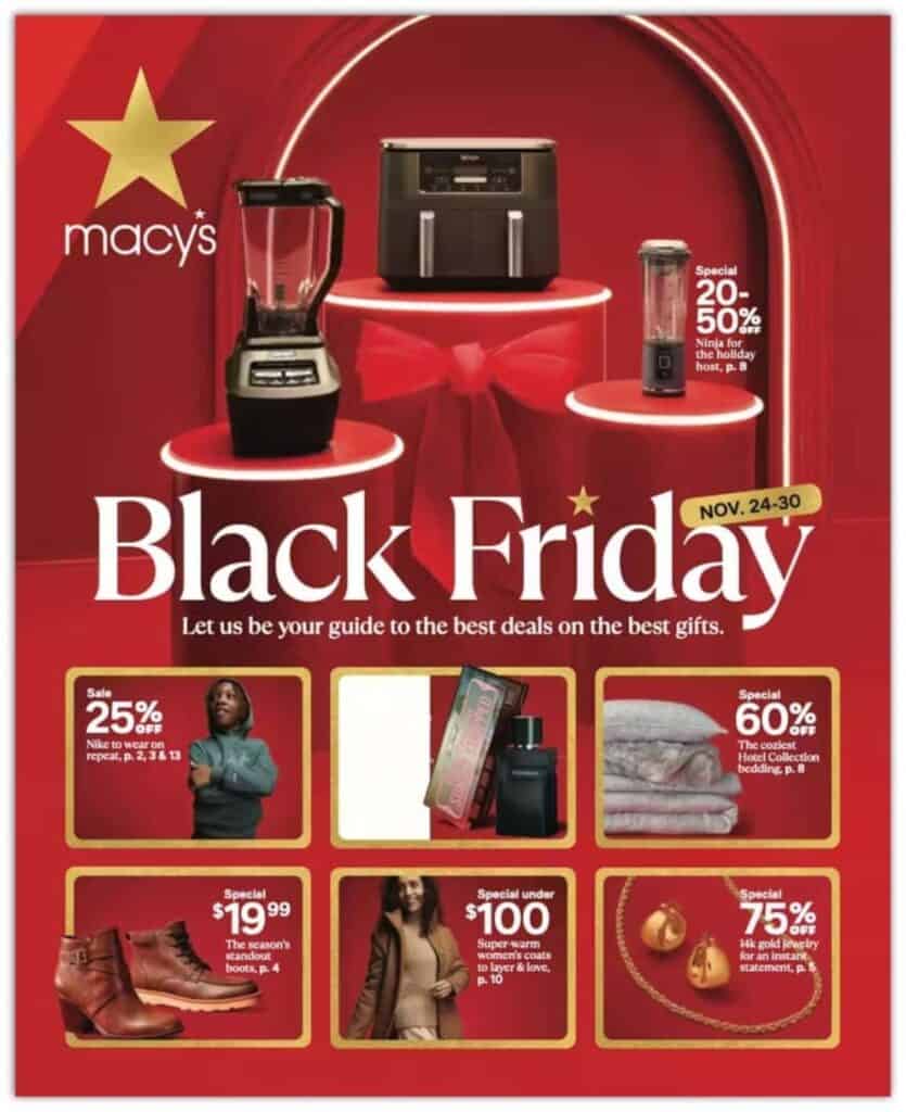Discover Macy's Black Friday Sales with incredible discounts on home appliances, clothing, and accessories from Nov 24-30. Enjoy various items with significant percentage savings in this enticing ad.
