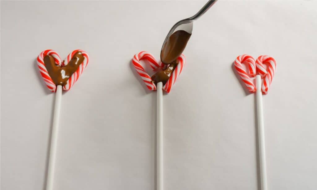Candy cane heart lollipops on a stick.