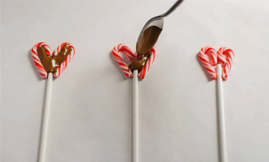 Candy cane heart lollipops on a stick.