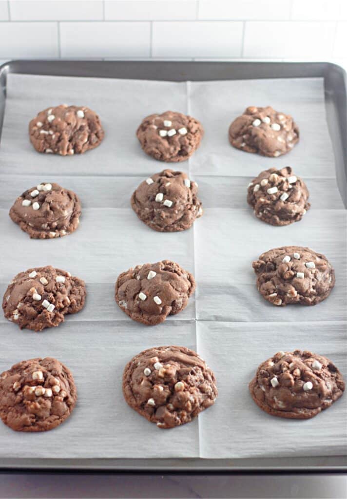 Peppermint chocolate cookies on a baking sheet.