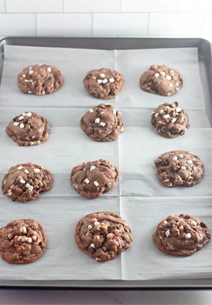 Peppermint chocolate cookies on a baking sheet.