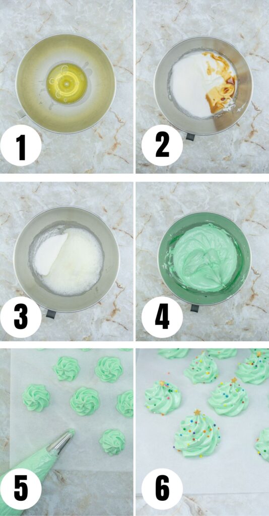 A series of pictures showing how to make green icing for Christmas Tree cookies.