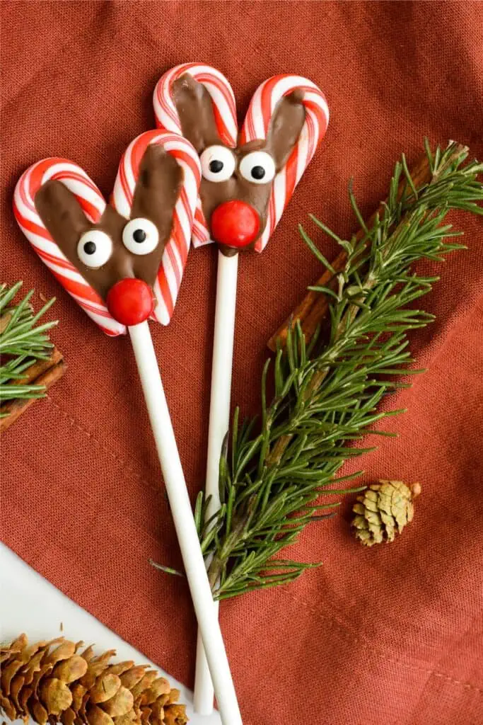 Two reindeer shaped lollipops on a candy cane napkin.