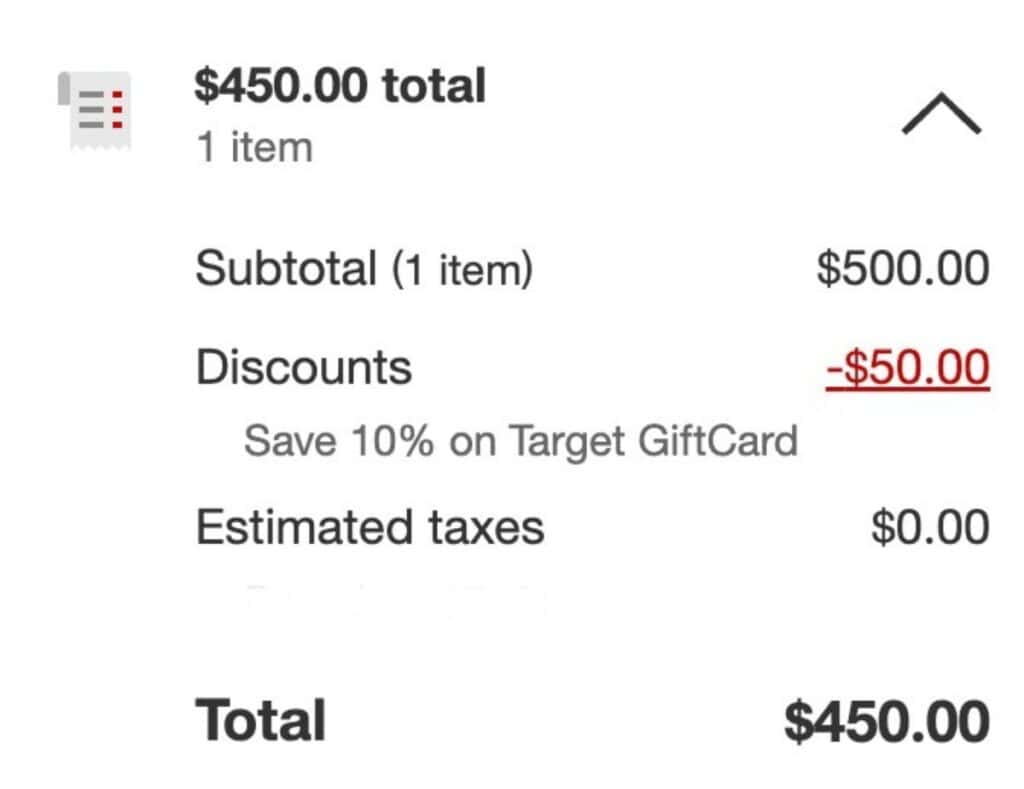 A screenshot of a receipt for a Target Gift Card.