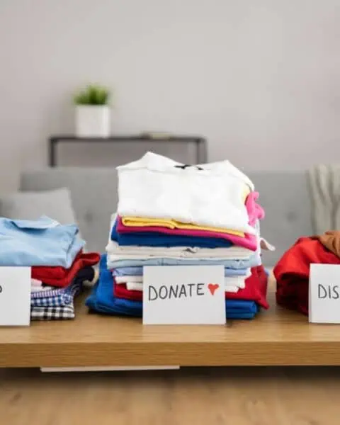 Piles of clothes on a table, waiting to be sorted and decided upon whether to keep or donate. Through this process, individuals can declutter their house and potentially make dreams come true for