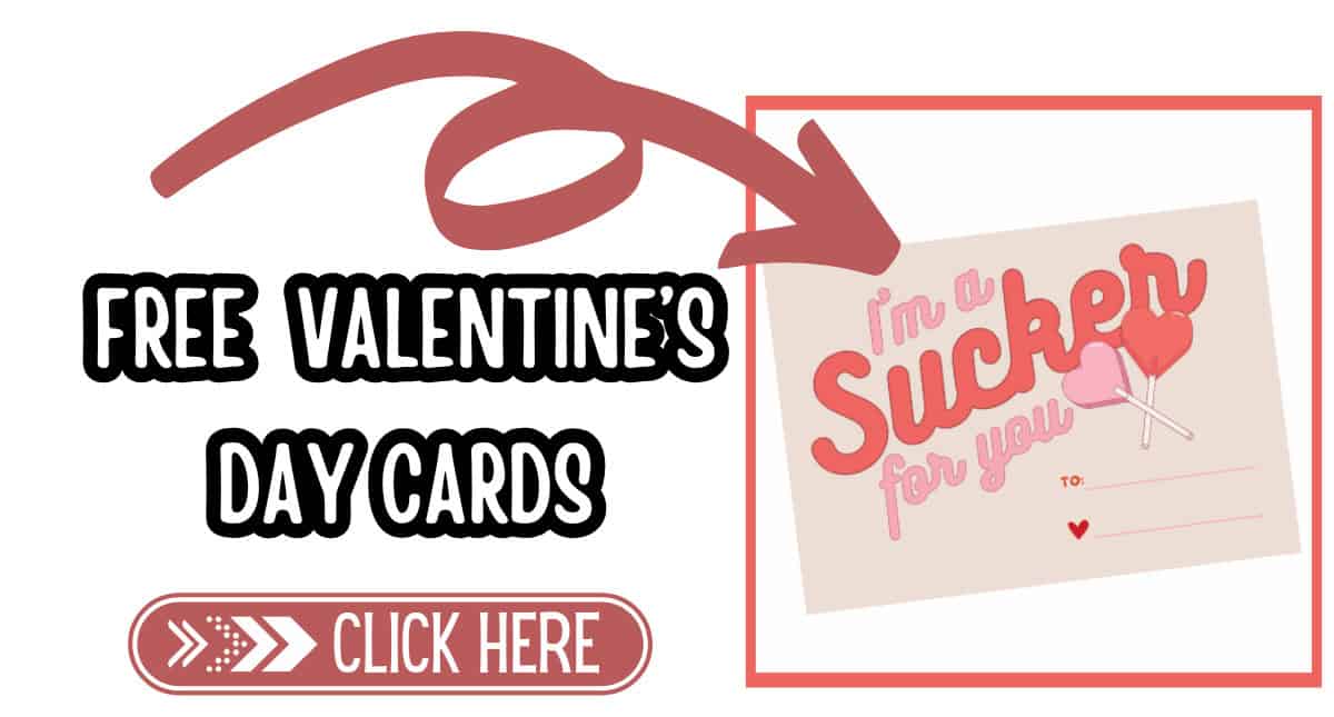 Graphic promoting free Valentine's Day cards, featuring a sample card that says "I'm a Sucker for you" with candy suckers and lollipops, plus a "Click Here" button.