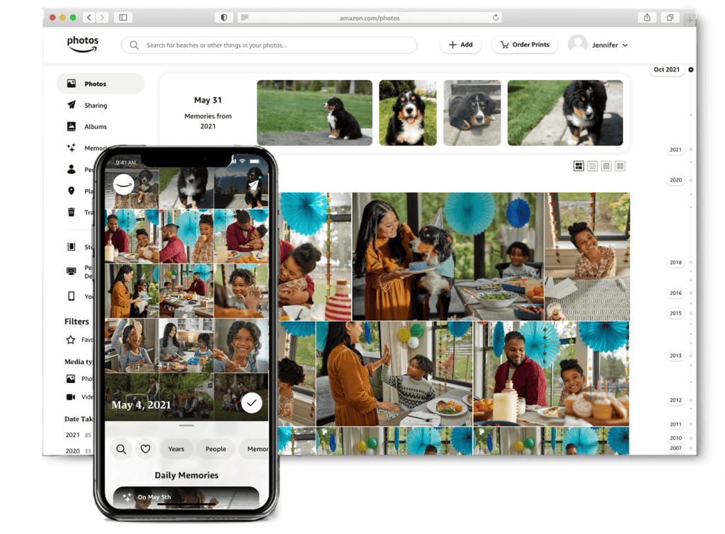 The Amazon Photos app is displayed on a phone and tablet.