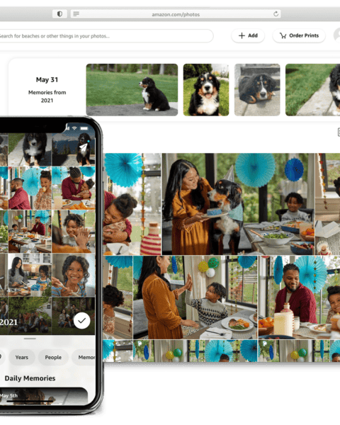 The Amazon Photos app is displayed on a phone and tablet.
