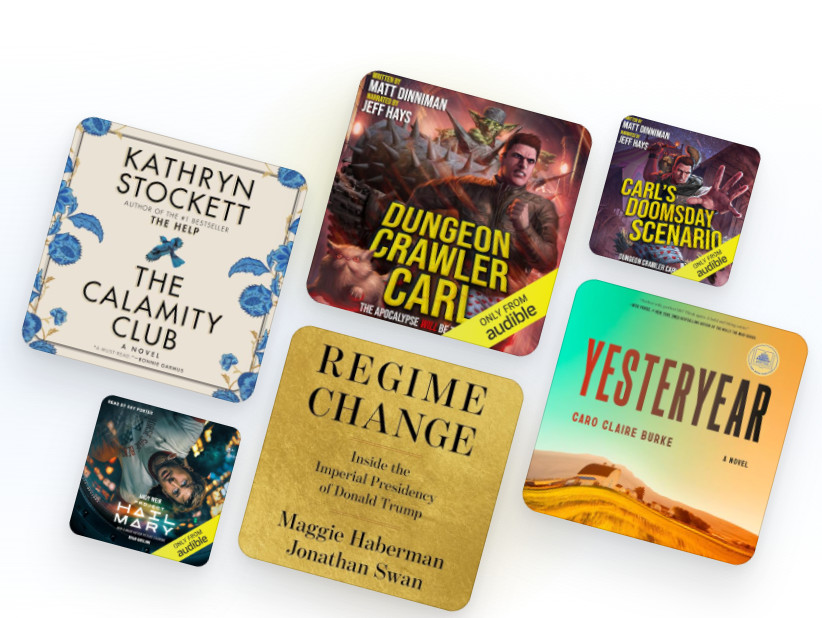A selection of six audiobook covers arranged diagonally, featuring various genres including fiction, fantasy, and non-fiction—perfect picks to explore during your Audible free trial.