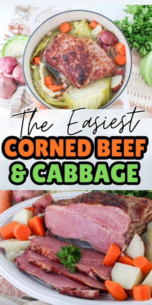 A pot of Dutch Oven Corned Beef and Cabbage with carrots and potatoes, plus a plate featuring sliced corned beef, potatoes, and carrots arranged beside it.