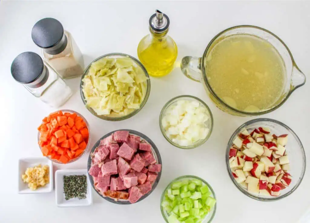 The ingredients for a Corned Beef and Cabbage Soup recipe.