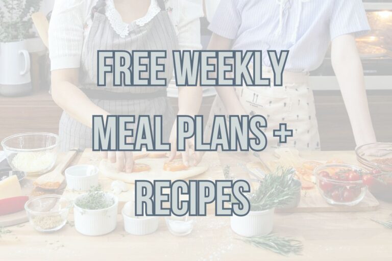 Two individuals preparing food on a kitchen counter with text overlay saying "free weekly meal plans + recipes".