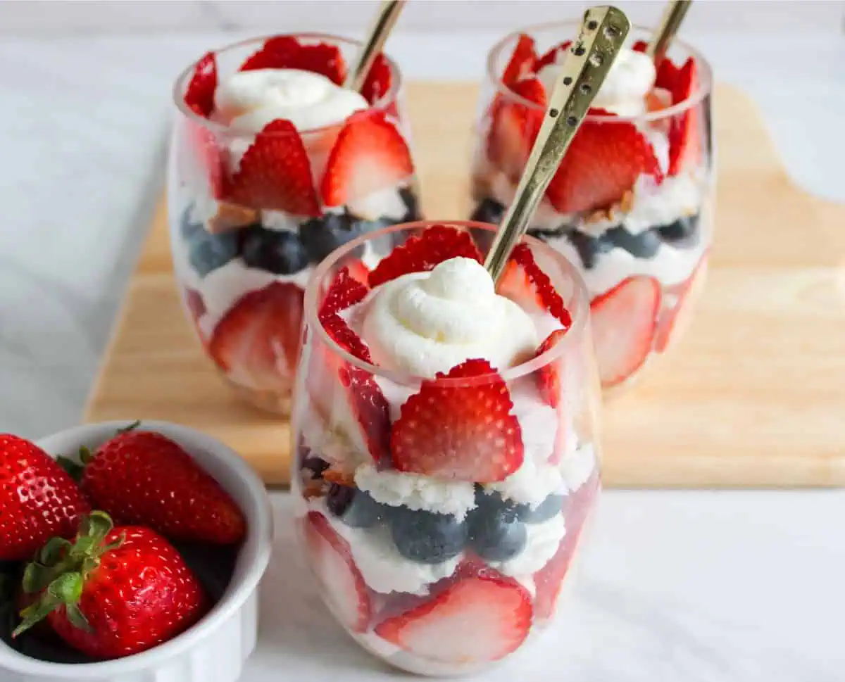 A display of Red White and Blue Berry Trifles.