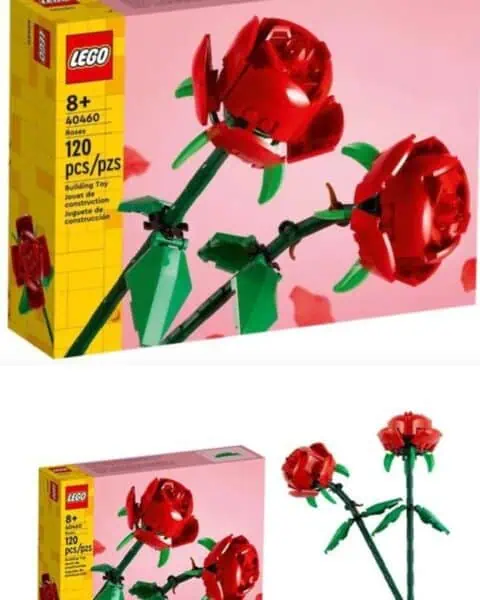 Two images of a LEGO Roses building kit box featuring a model of red roses with green stems, displaying the assembled flowers beside the packaging.