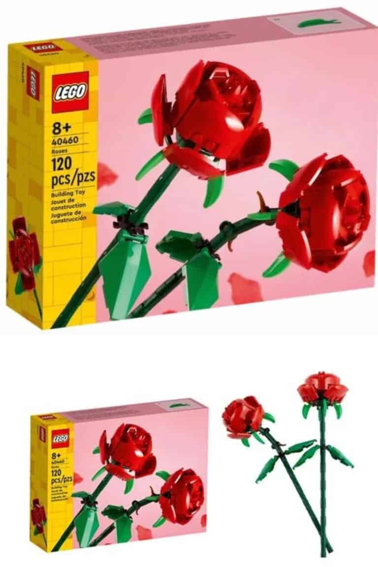 Two images of a LEGO Roses building kit box featuring a model of red roses with green stems, displaying the assembled flowers beside the packaging.