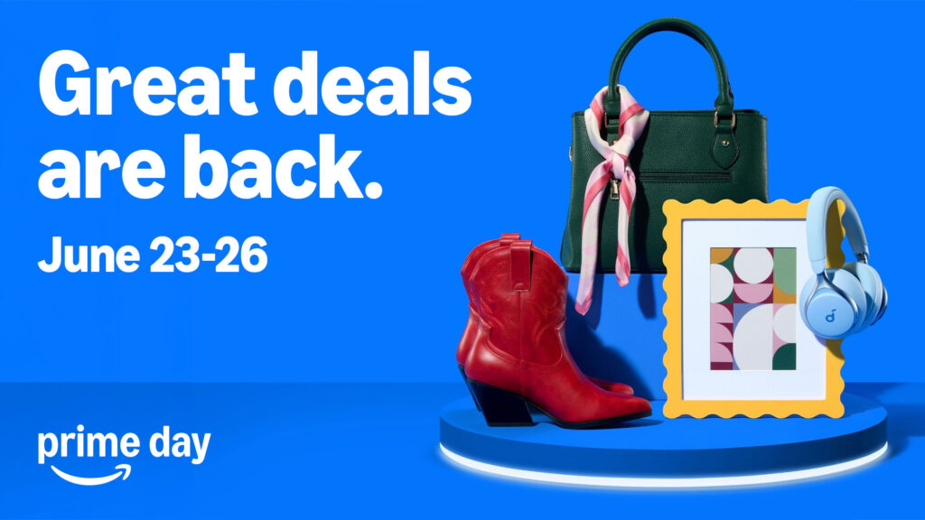 Amazon Prime Day advertisement featuring a handbag, headphones, framed art, and red boots on a blue background with the text "Great deals are back. June 23-26." Don't miss these exclusive Amazon Prime Day offers!.