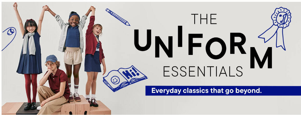 Four children wear various school uniforms and pose on wooden blocks beside the text "The Uniform Essentials—Everyday classics that go beyond," highlighting our latest school uniform deals, with simple blue line drawings surrounding them.