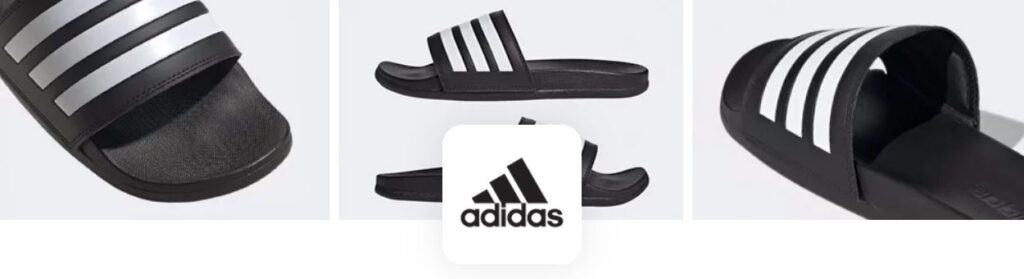 Close-up images of black Adidas slides with white three-stripe details on the upper strap. The Adidas logo is centrally displayed at the bottom.