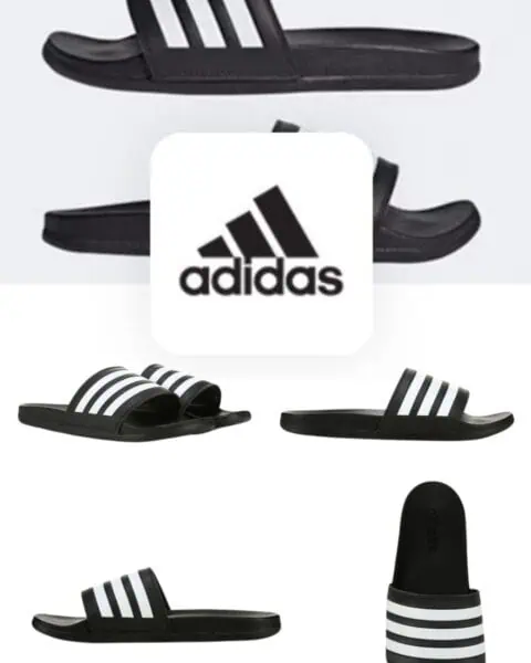 A collage displaying various angles of black Adidas slide sandals with white stripes, centered around the iconic Adidas logo. Get Adidas Slides now and elevate your casual style.