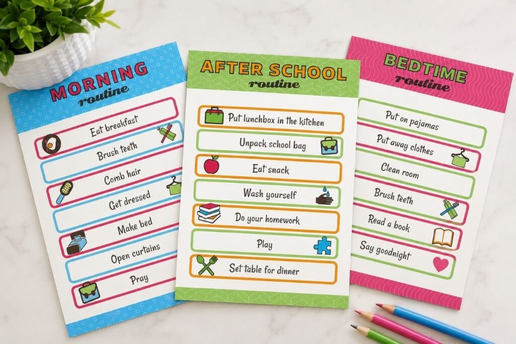 Three colorful kids’ routine charts for morning, after school, and bedtime on a white surface by a plant.