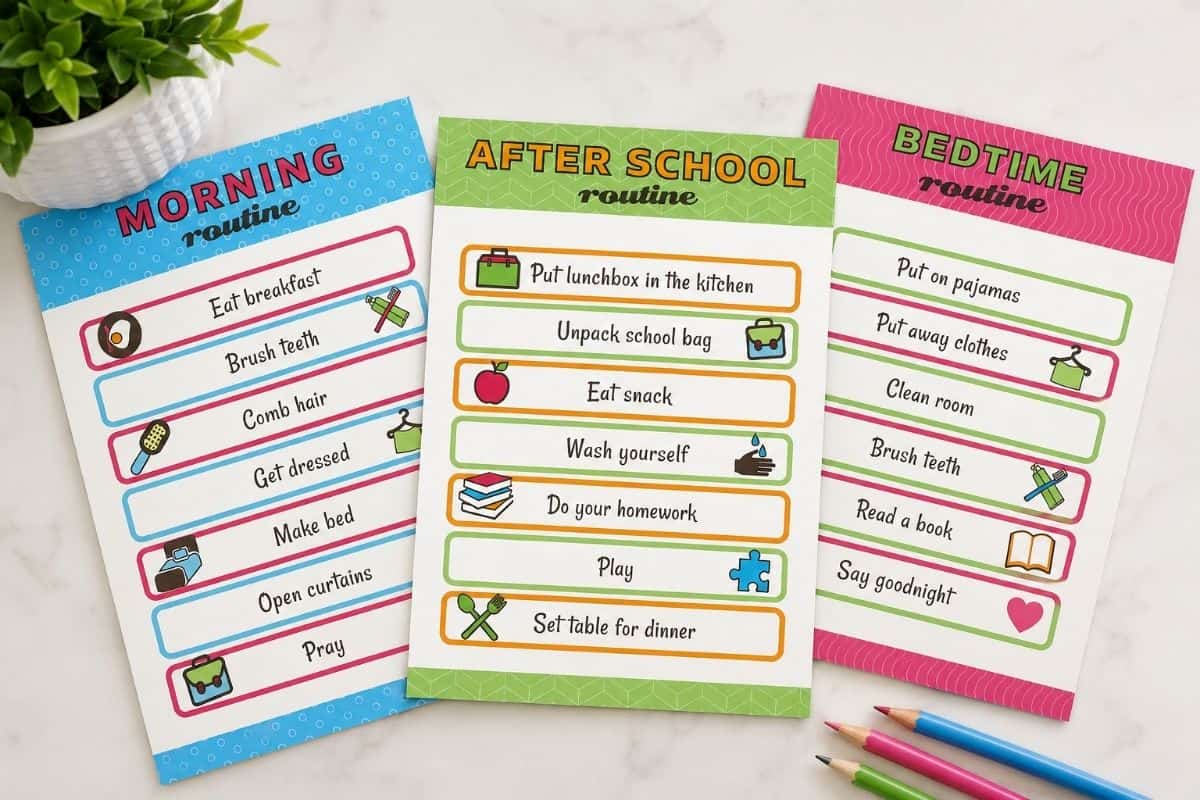 Three colorful kids’ routine charts for morning, after school, and bedtime on a white surface by a plant.