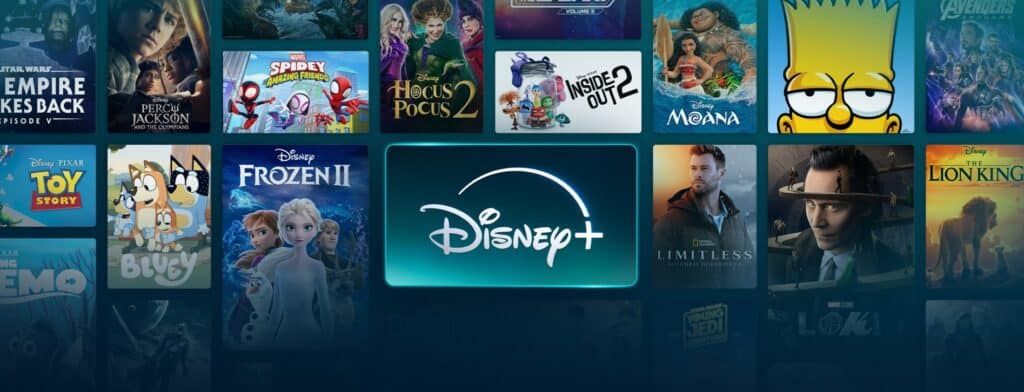 The Disney+ interface showcases an array of popular movie and TV show posters like Star Wars, Frozen II, and The Lion King, all circling the prominent Disney+ logo. Dive into this magical collection for only $1.99 per month with our special deal!.