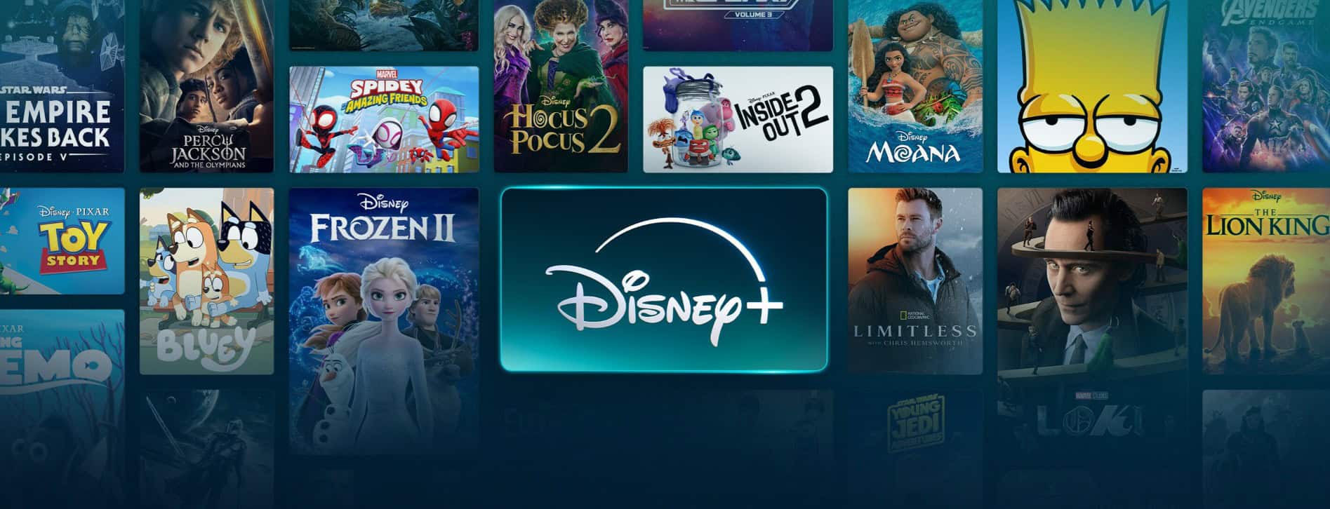 The Disney+ interface showcases an array of popular movie and TV show posters like Star Wars, Frozen II, and The Lion King, all circling the prominent Disney+ logo. Dive into this magical collection for only $1.99 per month with our special deal!.