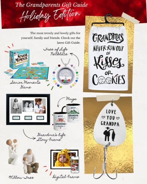 A holiday gift guide with Gift Ideas for Grandparents, featuring a photo frame, board game, mugs, a sign, figurine, digital frame, and wall hookโall displayed on a festive background.