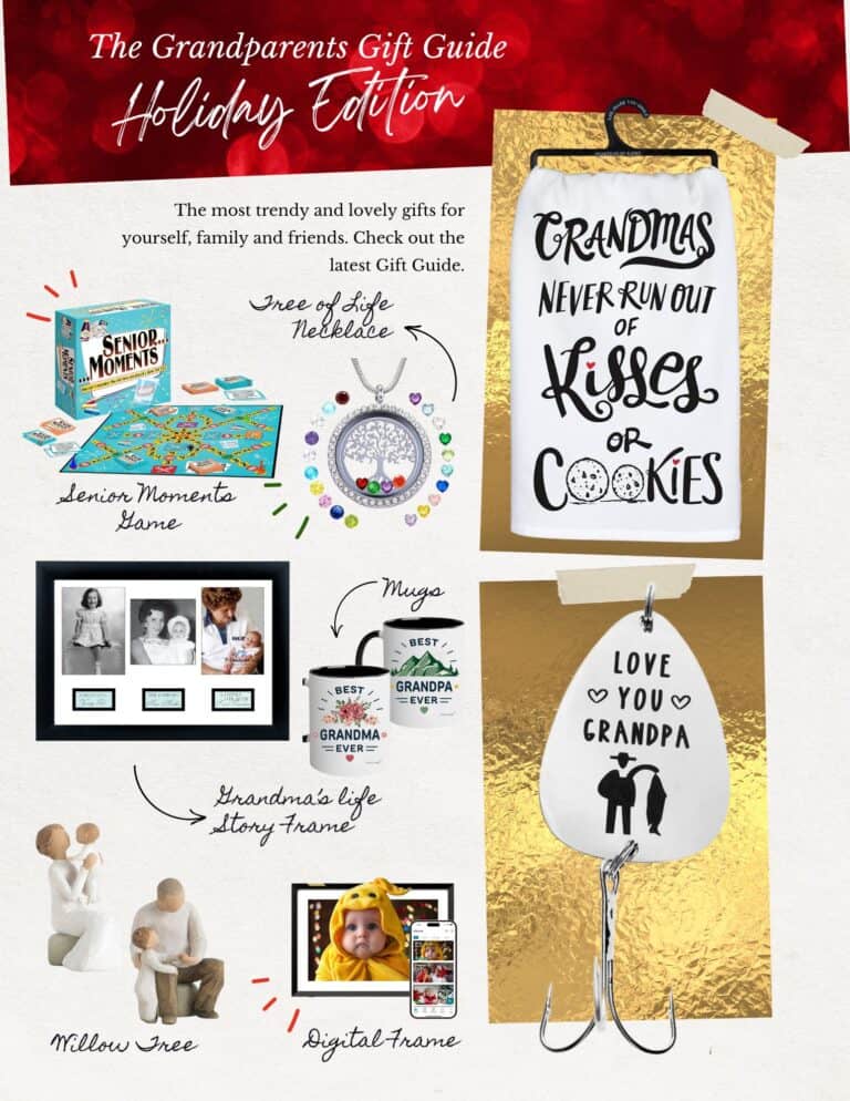 A holiday gift guide with Gift Ideas for Grandparents, featuring a photo frame, board game, mugs, a sign, figurine, digital frame, and wall hook—all displayed on a festive background.