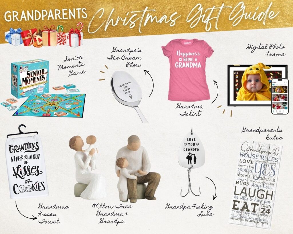 Christmas gift guide for grandparents featuring Gift Ideas for Grandparents like a board game, dish towels, figurines, a T-shirt, photo frame, and decorative plaque—all displayed on a festive background.
