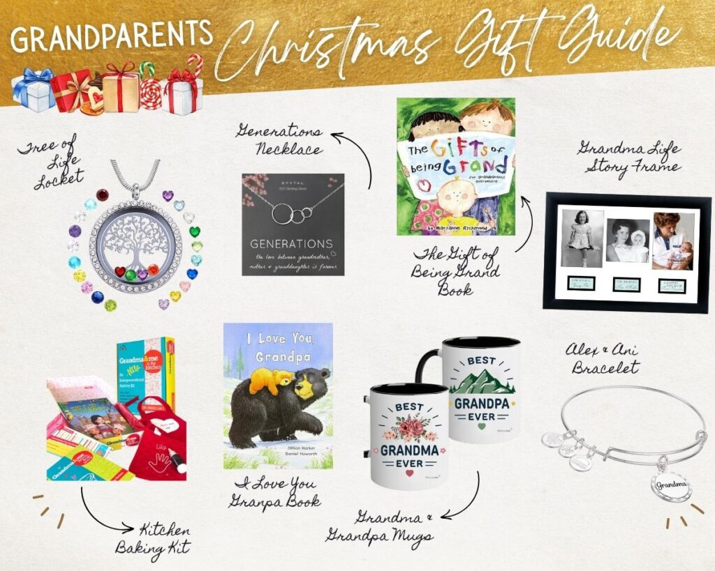 Gift Ideas for Grandparents: A Christmas gift guide featuring a necklace, books, mugs, story frame, baking kit, and bracelet arranged on a white background with handwritten labels.