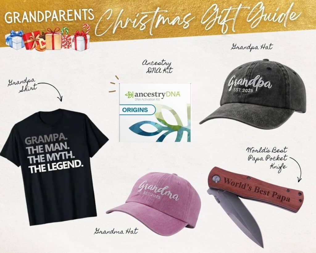 A Christmas gift guide with unique Gift Ideas for Grandparents, featuring a "Grampa" t-shirt, ancestry DNA kit, grandpa and grandma hats, and a "World's Best Papa" pocket knife.