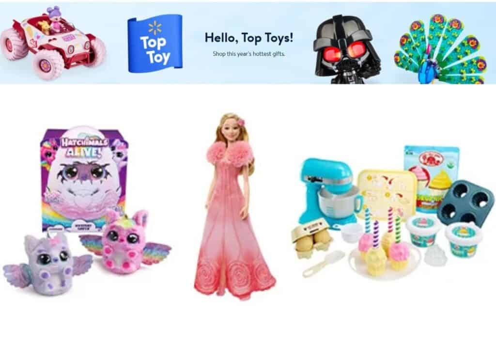 Discover a charming collection of toys, including vibrant stuffed animals, a doll in a pink dress, and a toy mixer with play food, all showcased beneath a themed advertisement banner. Perfect for your next shopping spree at Walmart's amazing deals!