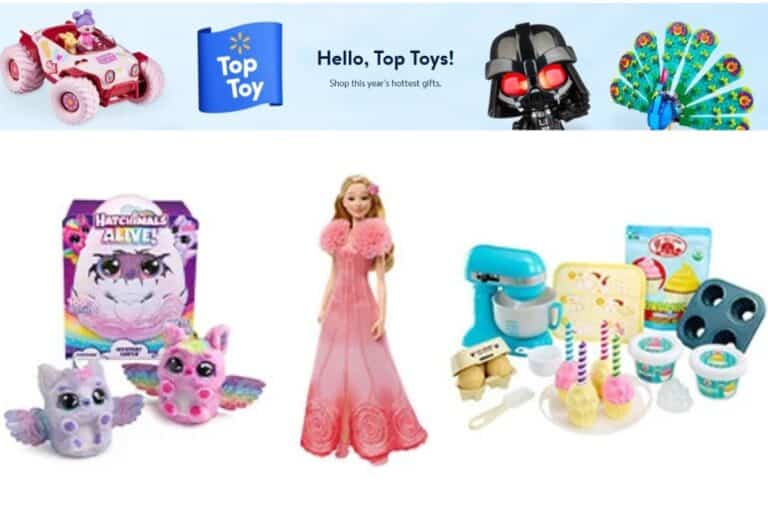 Discover a charming collection of toys, including vibrant stuffed animals, a doll in a pink dress, and a toy mixer with play food, all showcased beneath a themed advertisement banner. Perfect for your next shopping spree at Walmart's amazing deals!