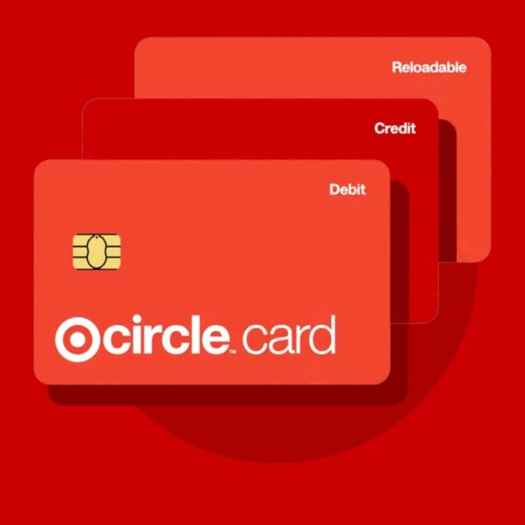 A red card labeled "circle.card" is shown in front of two overlapping cards, "Credit" and "Reloadable," on a red background, evoking the look of a Target RedCard coupon.