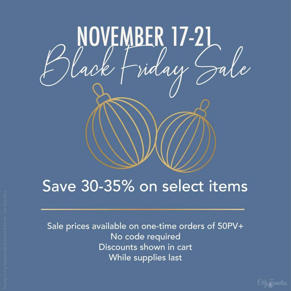 Blue graphic advertising Young Living Black Friday Deals from November 17-21, with 30-35% off select items; sale details and two gold ornament illustrations are featured.